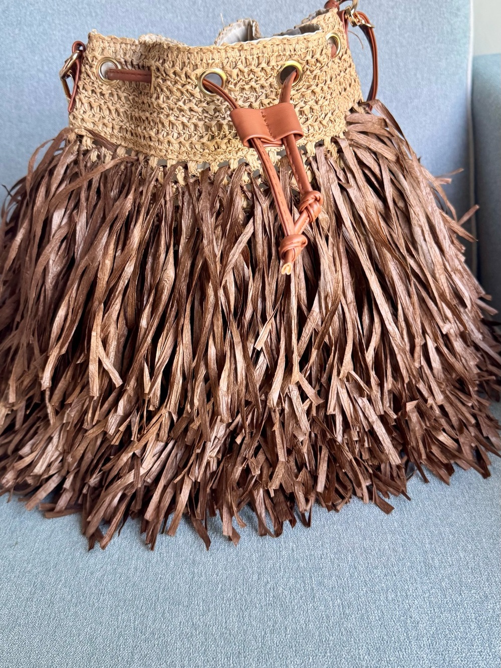 Boho Brown Raffia Fringe Shoulder Bag with Leather Straps - Picture 3 of 5